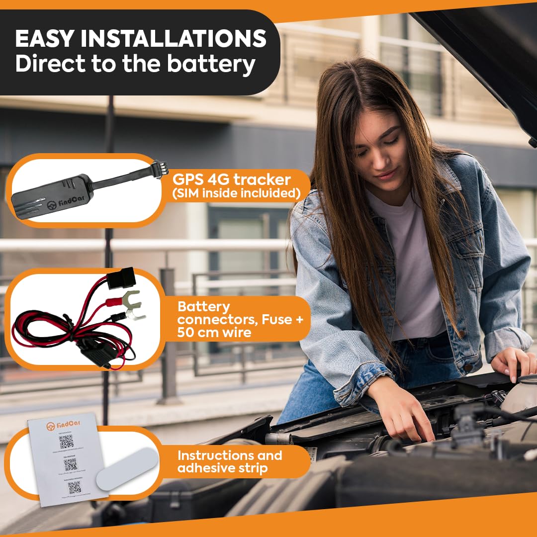 Localizador GPS 4G para Coche Moto y Camión con Conexión Directa a la Batería y SIM Integrada, Rastreador con App, Alerta Antirrobo, Exceso Velocidad y Geovalla, Suscripción Flexible