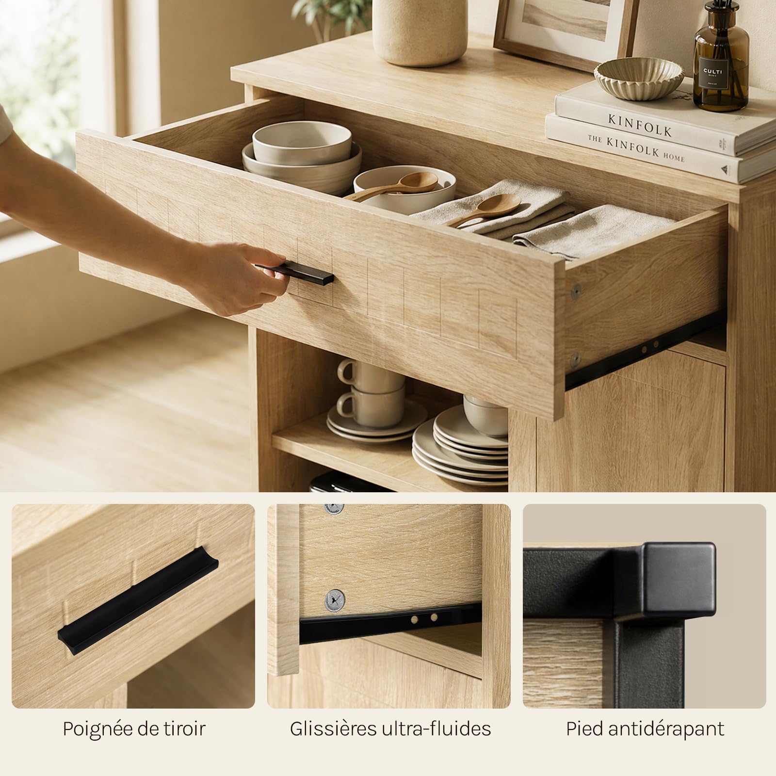 WOLTU Buffet Cuisine, Meuble Cuisine Rangement avec Tiroir, Porte Coulissante, pour Cuisine, Salle à Manger, Salon, 70x30x80,2 cm, en Bois d'Ingénierie et Métal, Chêne Clair + Noir