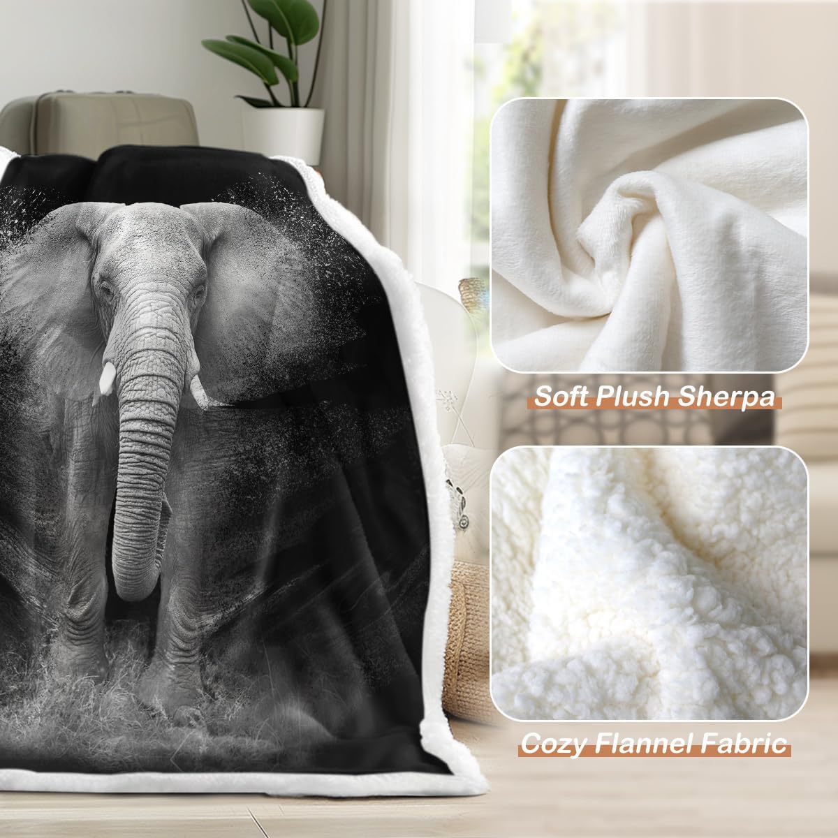 MILANKET Elephant Plush Sherpa Blanket Super Soft Cozy Sherpa Fleece Throw Blanket for Sofa Couch Bed, Black Night African Elephant Print Fuzzy Blanket 3D Wild Animal Room Decor 50"x60"