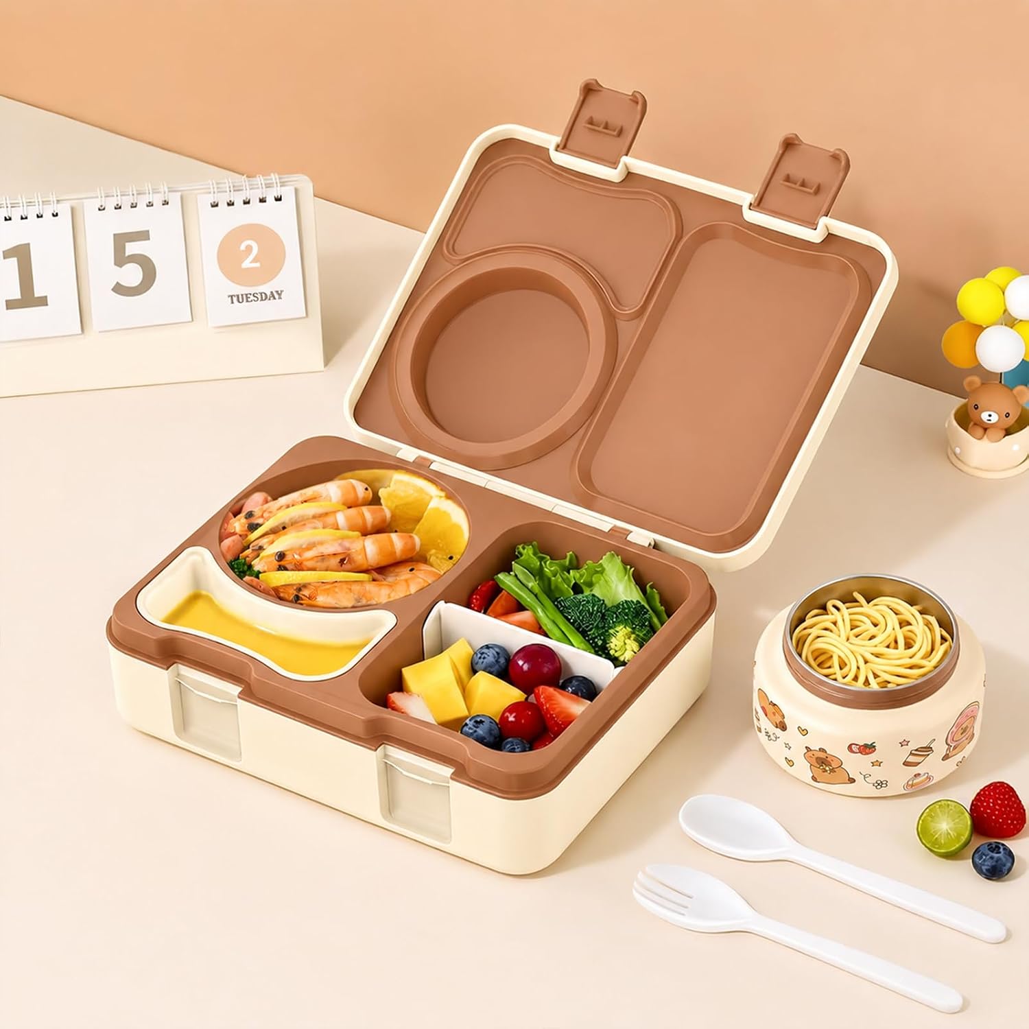 Kids Lunch Box with Thermo, Leakproof Bento Box for Kids with 8OZ Insulated Food Jar, Ice Pack, Sauce Cup, Utensils, Removable Tray & Dividers for School Daycare Travel (Capybaras)