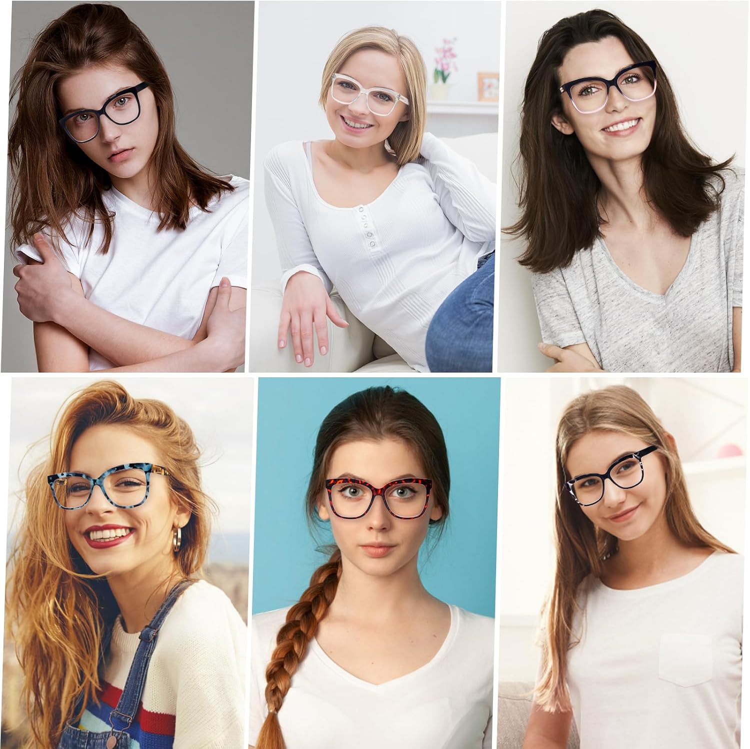 6 Pack Fashion Reading Glasses for Women - Blue Light Blocking Square Readers Anti Eyestrain Eyeglasses Spring Hinge