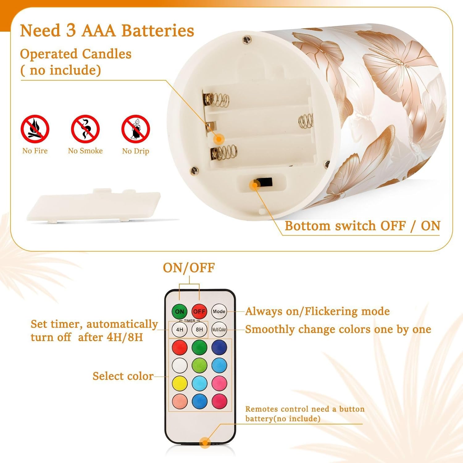 Butterfly Valentines Gold Battery flameless Candles Set Electronic Lights Windproof Remote Control for Easter Small Battery Operated 2-Piecing Set