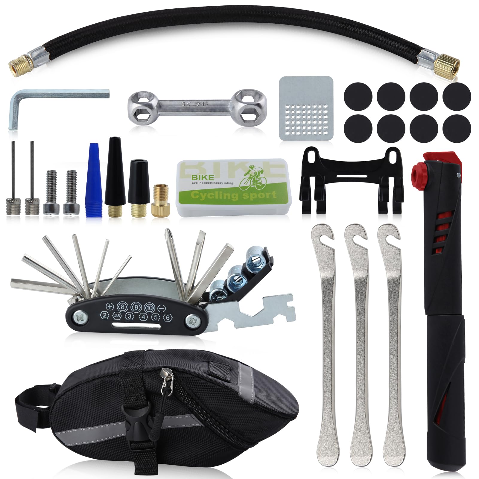 LEONTOOL Bicycle Repair Tools Kit with Saddle Bag, Mini Bike Pump, Multitool, Tire Levers and Patches