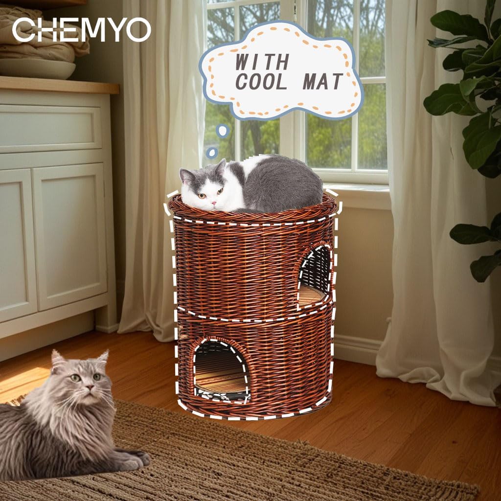 Wicker Cat House, Wicker Three Tier Pet Tower Cat/Dog Bed Basket – Natural Wicker Colour – Pillows with Detachable Cushion, with Bed on Top Cosy Cave Bed Cat Sofa Box wit