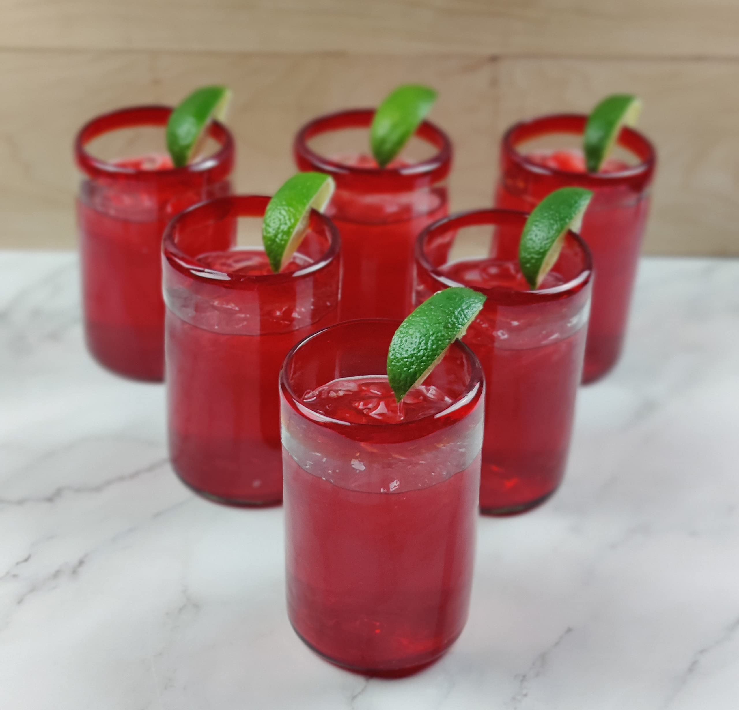 Dos Sueños Vasos mexicanos soplados a mano, juego de 6 vasos con bordes rojos (14 onzas cada uno)
