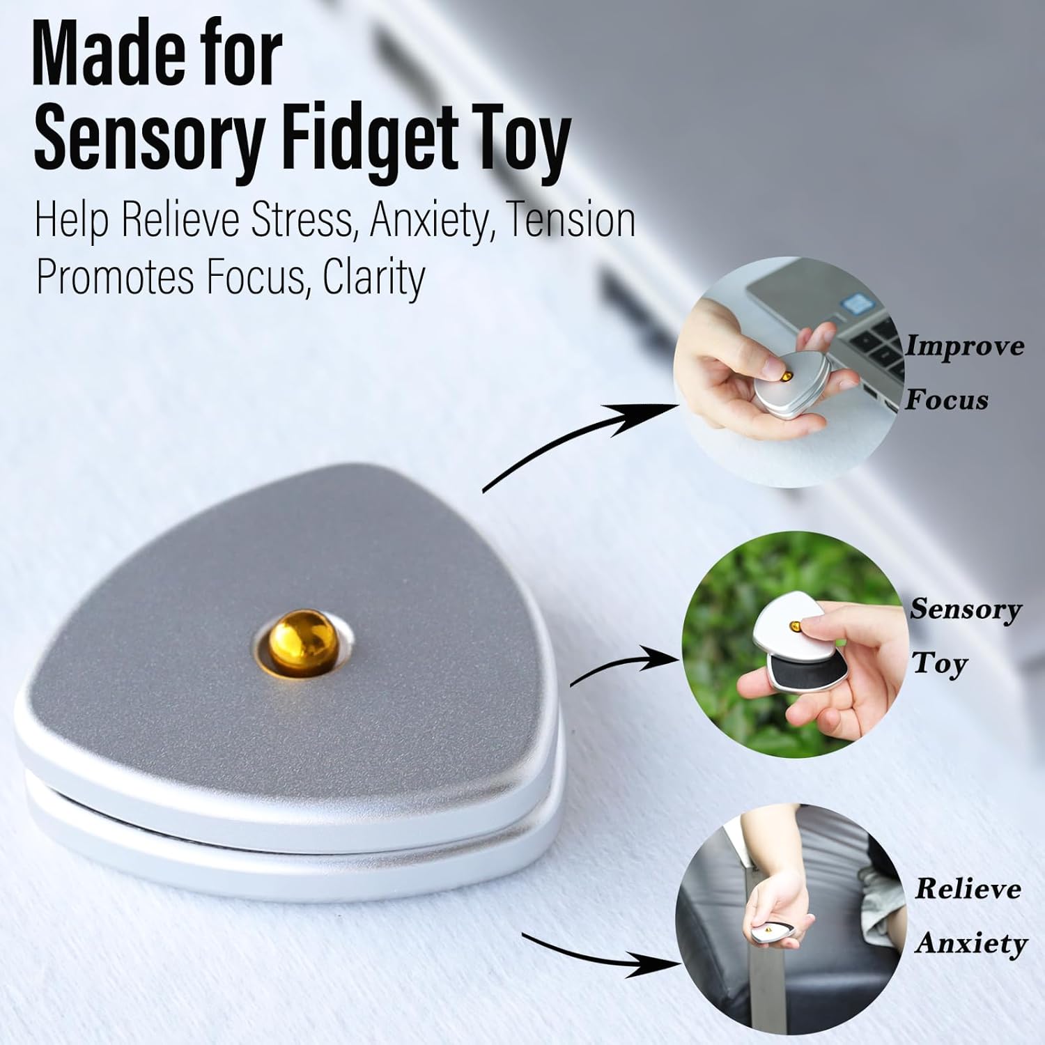FREELOVE Metal Magnetic Fidget Toys Slider for Adults, Pivot Sliding Magnet Clicker, Compact Triangle Haptic Coin, Quiet Operate for Stress Relief Anxiety (Silver, Small-Gen2)