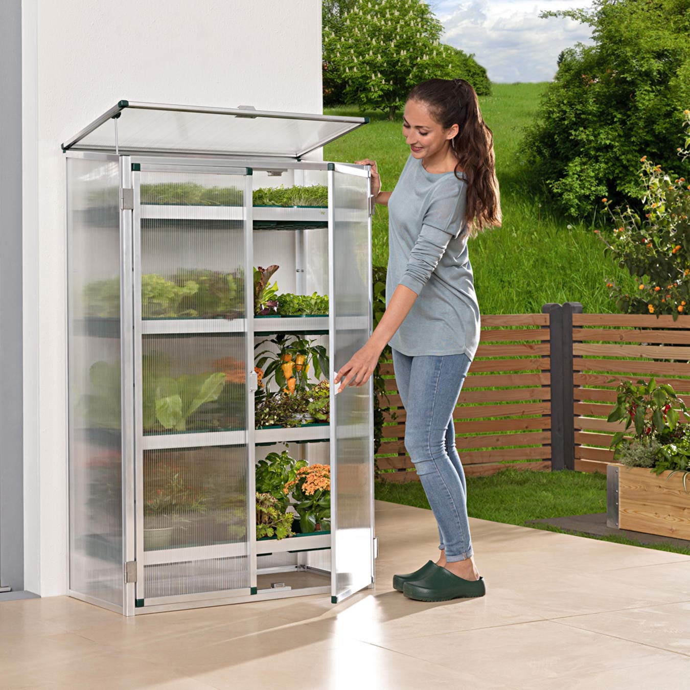 Beckmann Aussaat- & Anzuchthaus für Balkon & Terrasse – Premium Mini-Gewächshaus (87x44x140 cm) – Stabiles Alu-Pflanzenregal mit 6 mm Stegdoppelplatten & UV-Schutz – Inkl. Saatschalen & Belüftung