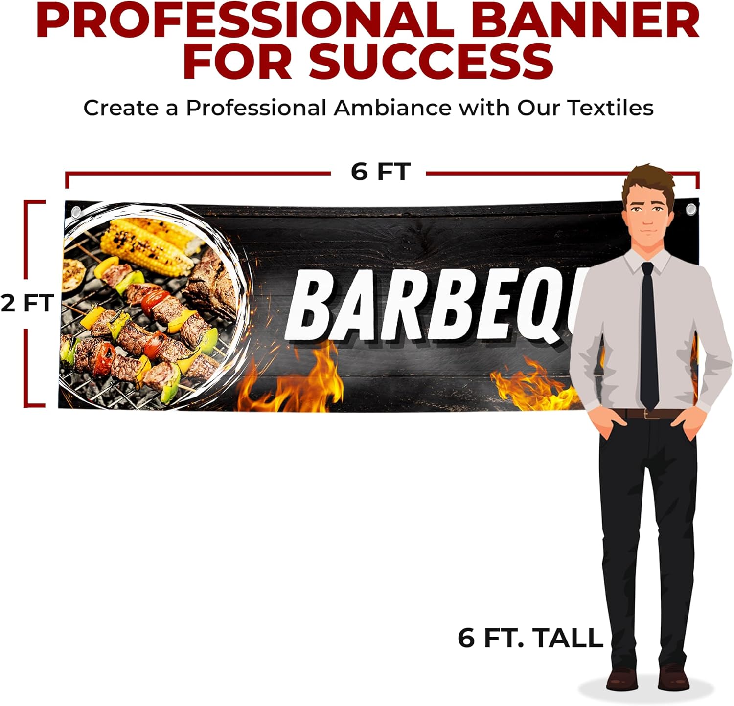 BBQ Large Banners and Signs for Outdoor by Mavis Printing-Polyester Banner with 4 Holes for Easy Hang Indoor & Outdoor| 6x2 Feet HD Print Sign to Promote Food & Beverages | Made in USA