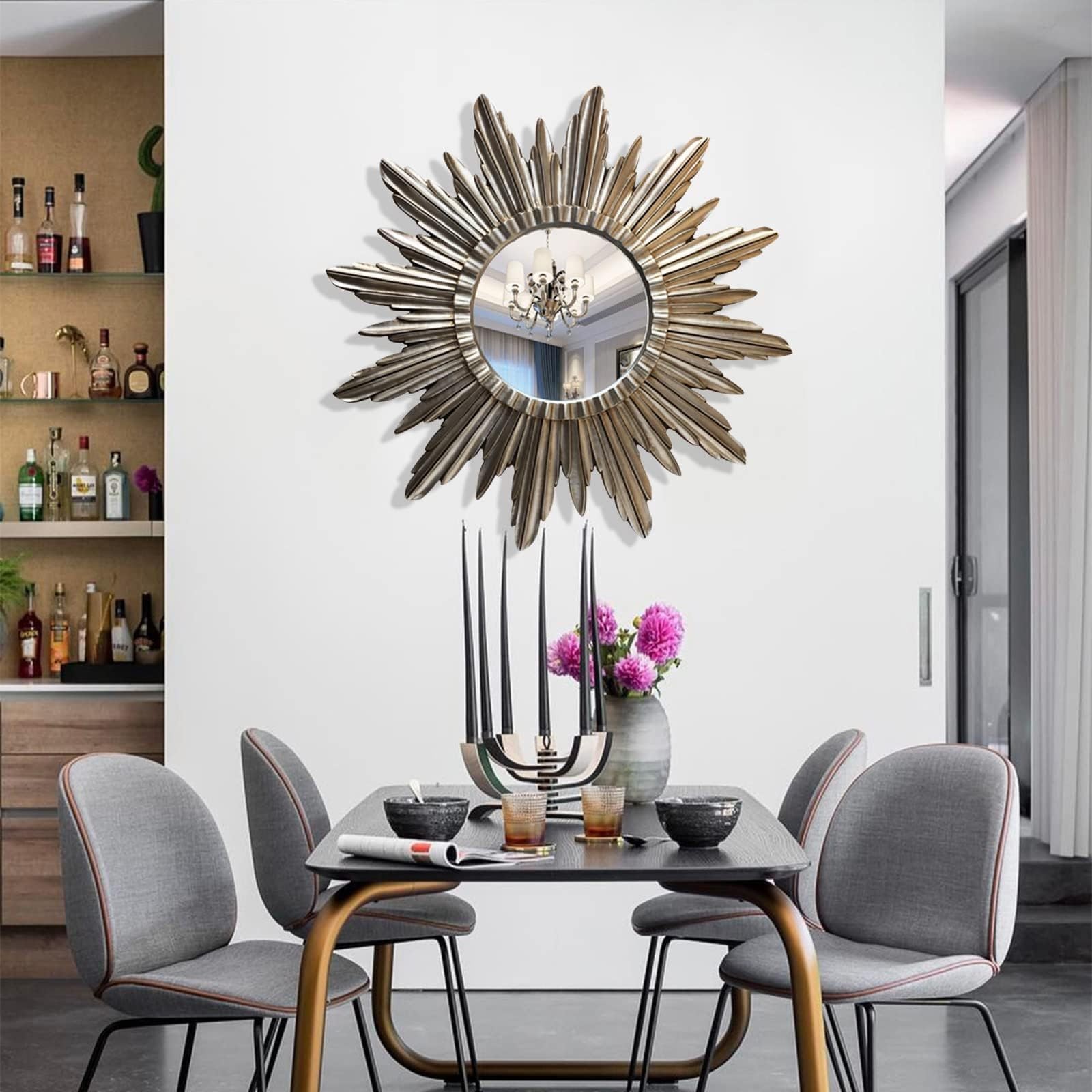 Specchio da Parete 46” Sunburst - Specchio da Parete Rotondo a Raggi di Sole Realizzato a Mano Specchio Decorativo Moderno per Soggiorno, Camera da Letto e Ingresso, Silver