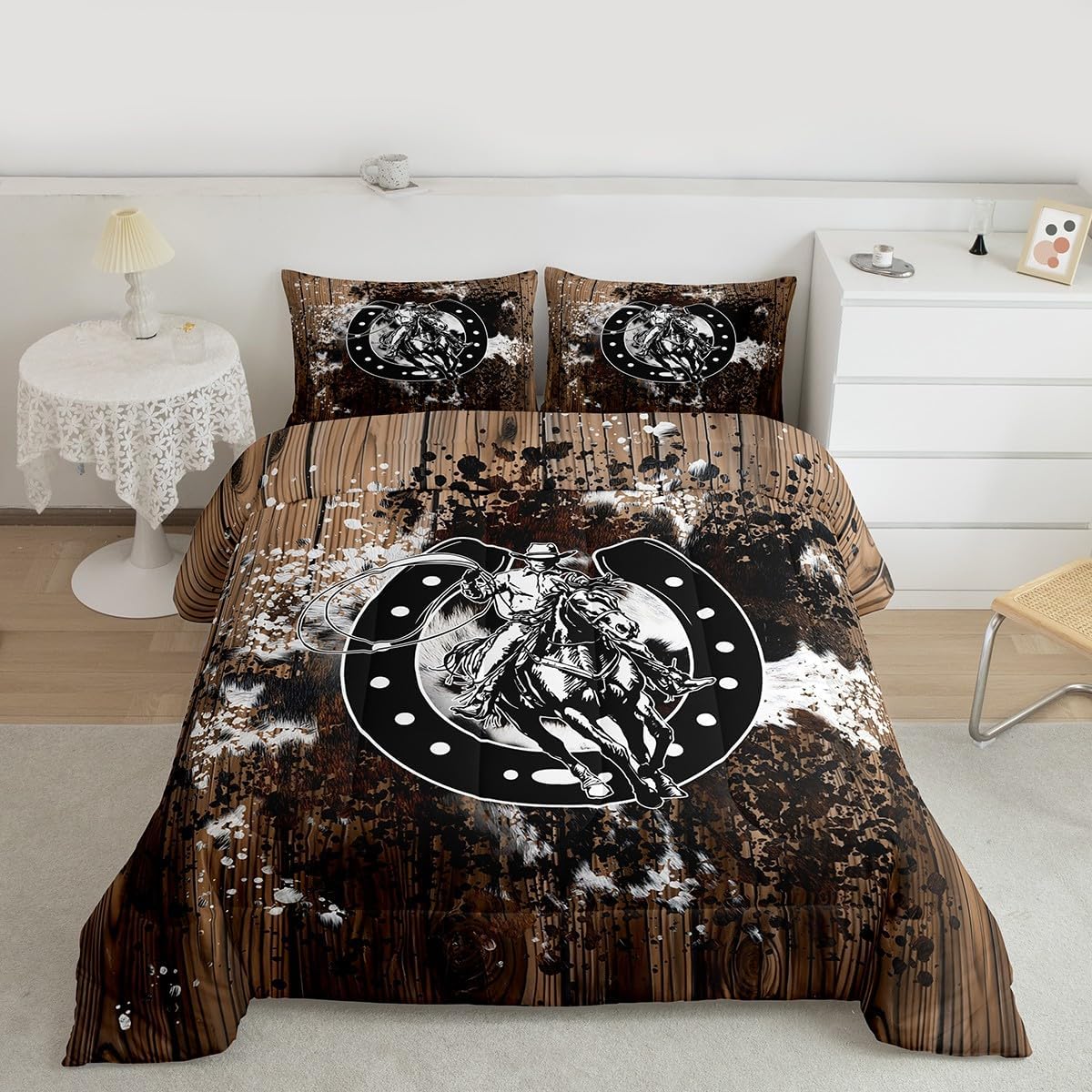 Western Cowboy Full Size Comforter Set,Horseshoe Bedding Set for Adults Teens,Children Cow Fur Skin Comforter Luxury Rustic Farmhouse Quilt Set Room Decor 3Pcs