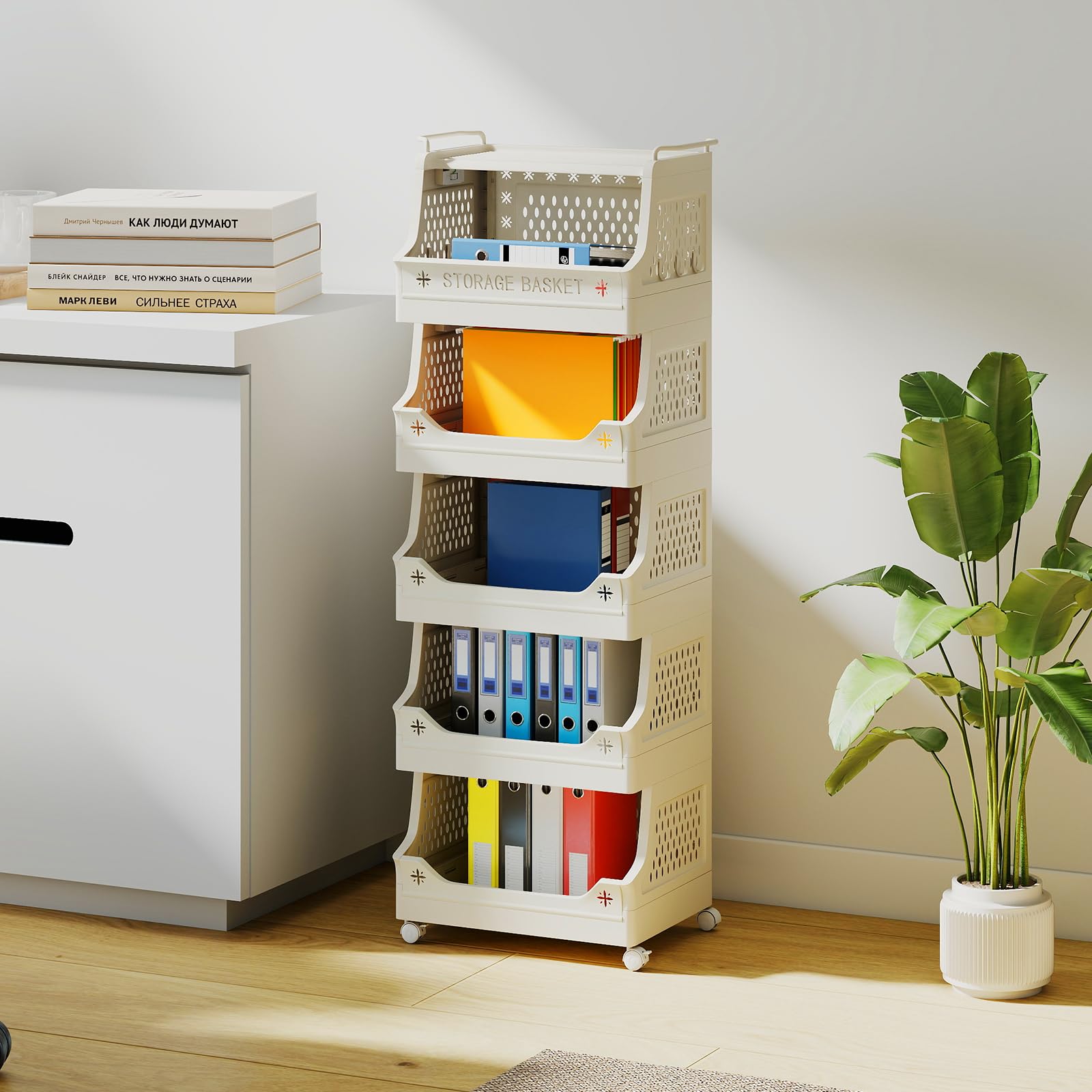 RELAX4LIFE Carrello Portaoggetti a 3/4/5/6 Livelli, Portabiancheria Impilabile con Ruote, Maniglie e Ganci, Salvaspazio in Plastica per Lavanderia, Bagno e Soggiorno, Beige (5 RIPIANI)