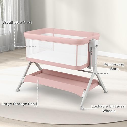 Miniatura 9 de INFANS Cuna de bebé 5 en 1, cama mecedora mejorada con ruedas, cesta de almacenamiento, bolsa de viaje, mosquitera, altura ajustable, cuna portátil