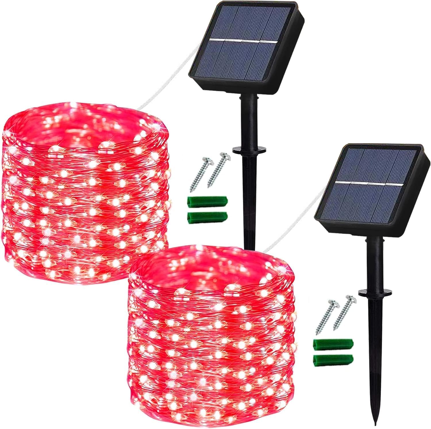 Lezonic Red Solar String Lights Outdoor,2 Pack 12M/40Ft 120 Led Solar Garden Lights Waterproof Fairy Lights Copper Wire With 8 Modes For Patio Yard Fence Lawn Trees Wedding Party Decorations (Red)