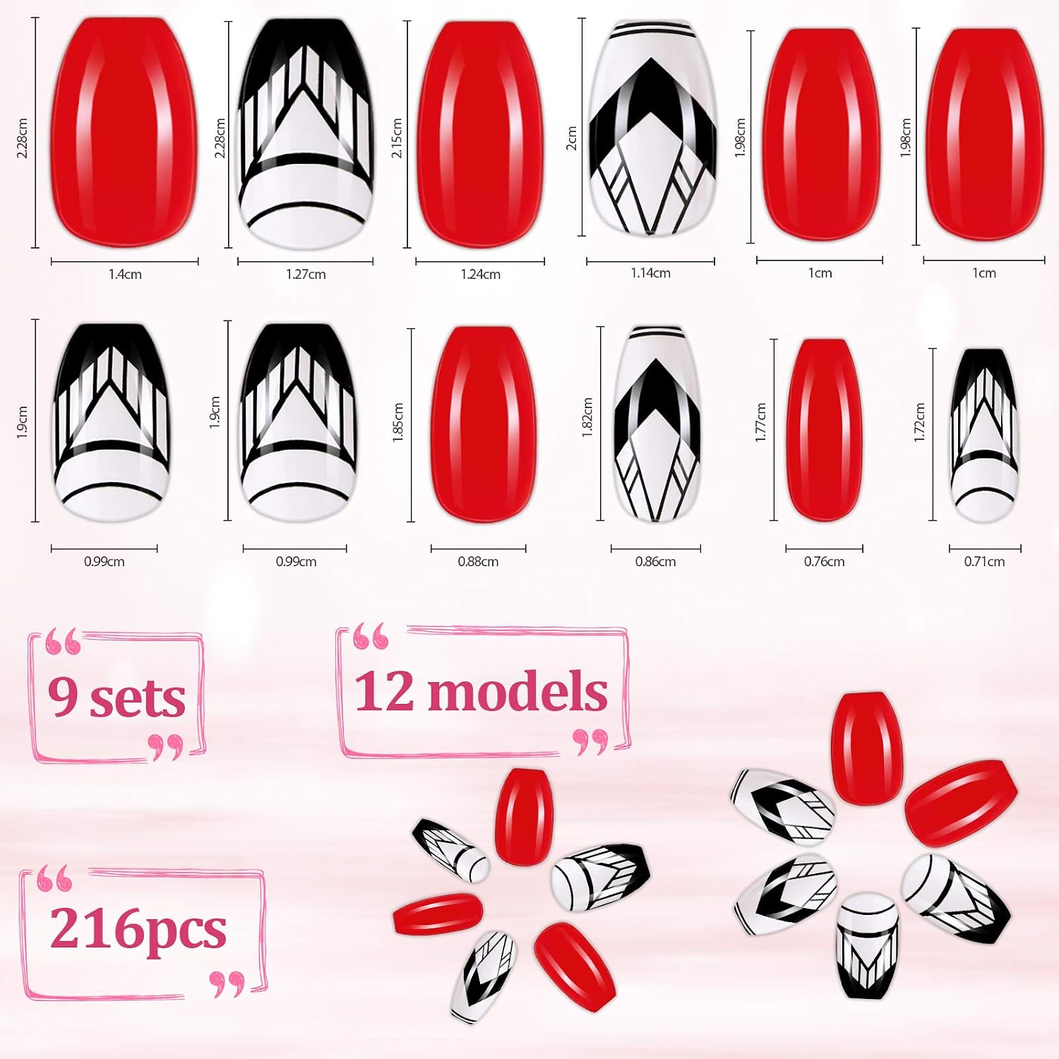 Maitys 216 Pieces Short Coffin Press on Nails Ballerina False Nails Glitter Glossy Full Cover Artificial Nail Colorful False Nail for Nail Salon Art DIY Nails Decoration Women Girls (Elegant Pattern)