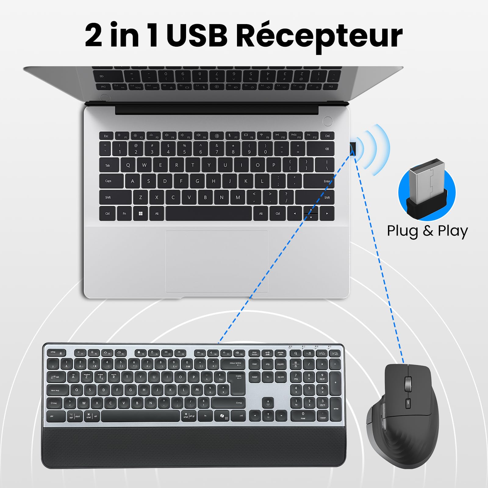 CITLLA Clavier Souris sans Fil Rétroéclairé Rechargeable Ergonomique, Réglable Support et Repose-Poignets,4 Niveaux DPI Hyper-Rapide Défilement Souris silencieuse pour Ordinateur Bureau PC Laptop