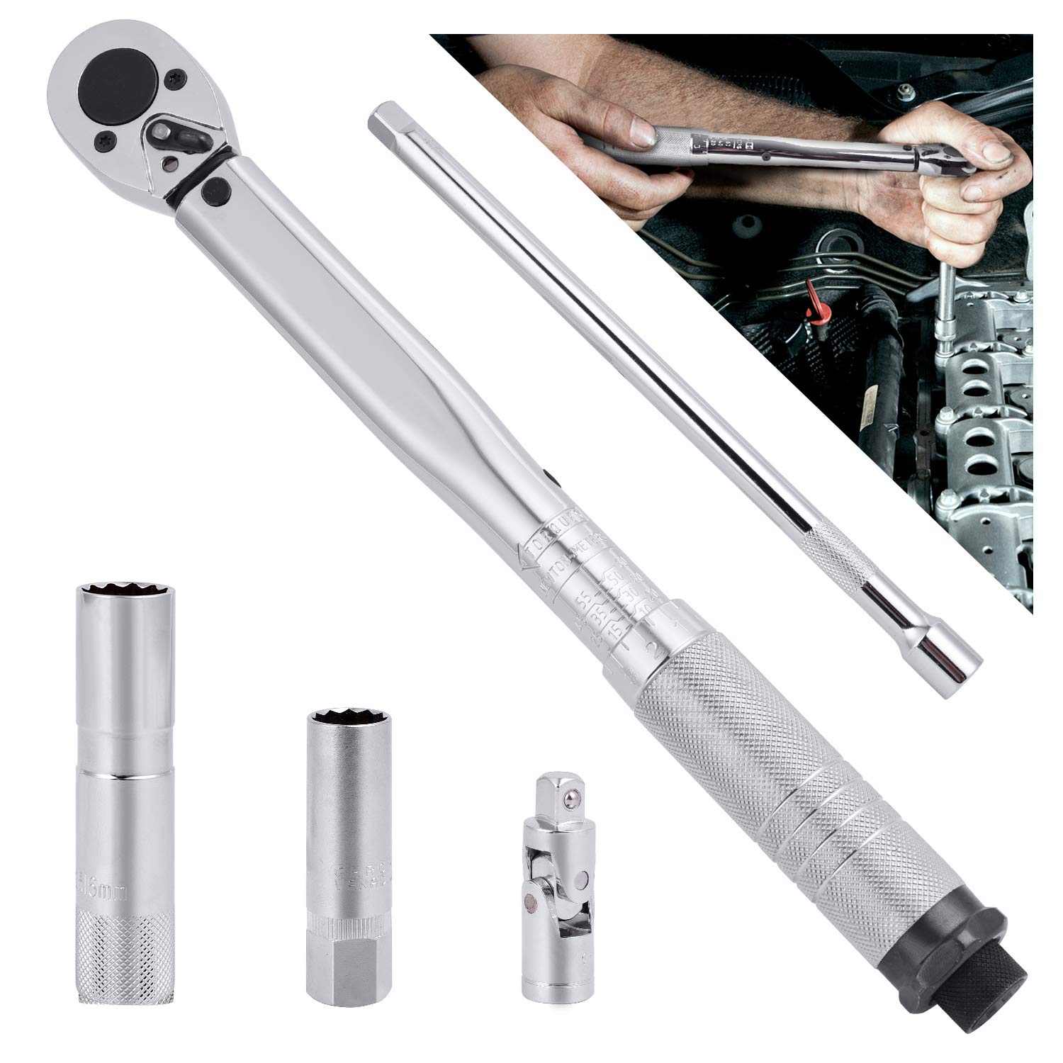 Bike Torque Wrench Set with 3/8 Inch Drive,5-60 Nm Dual Scale Click Torque Wrench with 14mm and 16mm