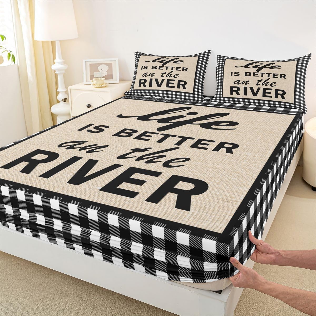 Erosebridal Rustic Lodge Cabin Bed Sheets Black White Brown Fitted Sheet Full Size, Vintage Farmhouse Sheets Retro Lake River House Bedding, Nature Countryside Bed Cover 3pcs (Deep Pocket)