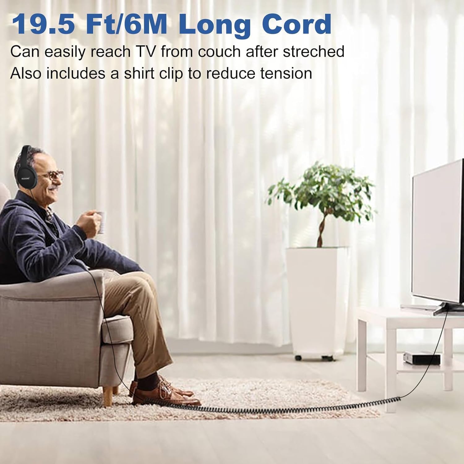 19.5Ft / 6M Extra langes Kabel Kopfhörer für TV PC mit Lautstärkeregler, Feder Spiralkabel, 3.5mm AUX, kabelgebundene Over Ear Kopfhörer für Senioren Schwerhörige, große komfortable Computer Headset