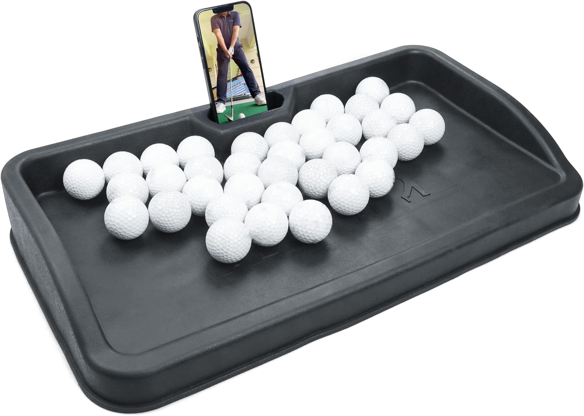 Heavy Duty Golf Ball Tray - with Cell Phone Holder Record Golf Swing - 100 Ball Capacity - High Impact Rubber Golf Tray Compatible with All Hitting Mats