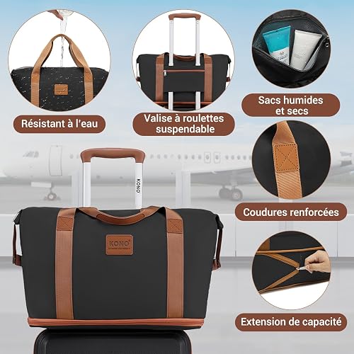 Kono Set de 6 Valises de Voyage Rigide Ensemble de Valise (55/65/74cm) à 4 roulettes avec Portable Vanity Case et Pliable Sac de Voyage pour Sport avec Trousse de Maquillage, Noir/Marron - 3