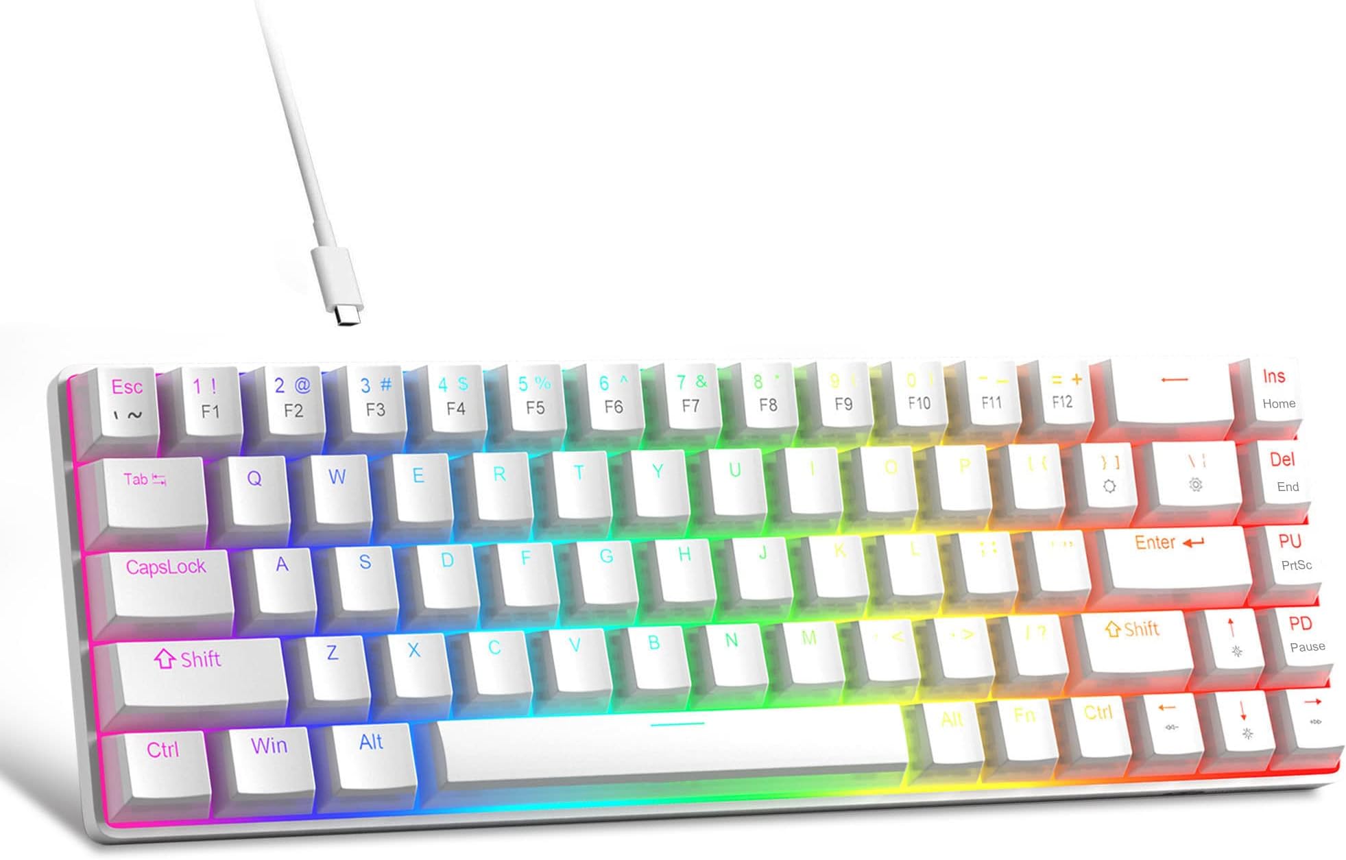 Portable 60% Mechanical Gaming Keyboard, Red Switch, PBT Pudding Keycaps RGB Backlit Compact 68 Keys Mini Wired Office Keyboard for Windows Laptop PC - White