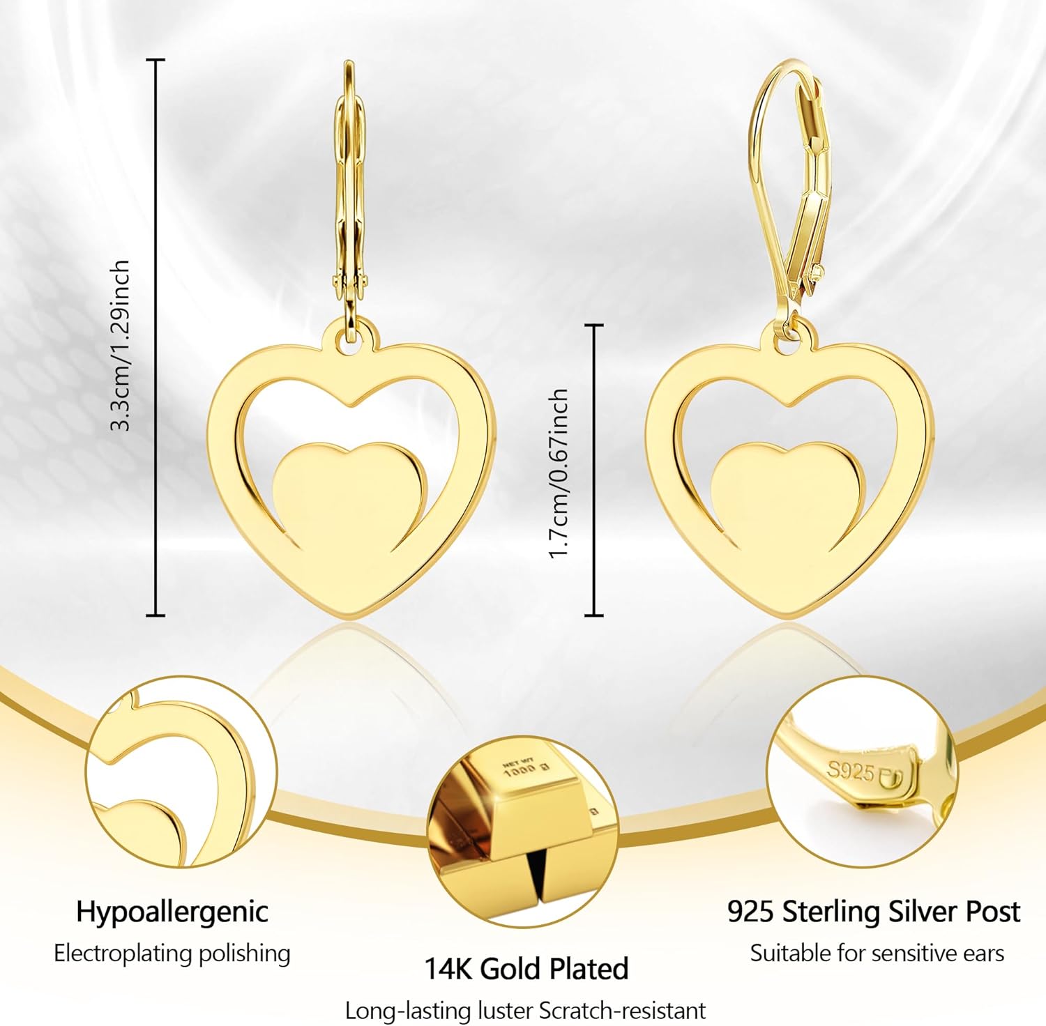 925 Sterling Silver Heart Earrings for Women, 14K Gold Plated Double Love Heart Dangle Earrings, Leverback Hypoallergenic Lightweight Drop Earings for Women, Valentine's Day Gifts - Image 3