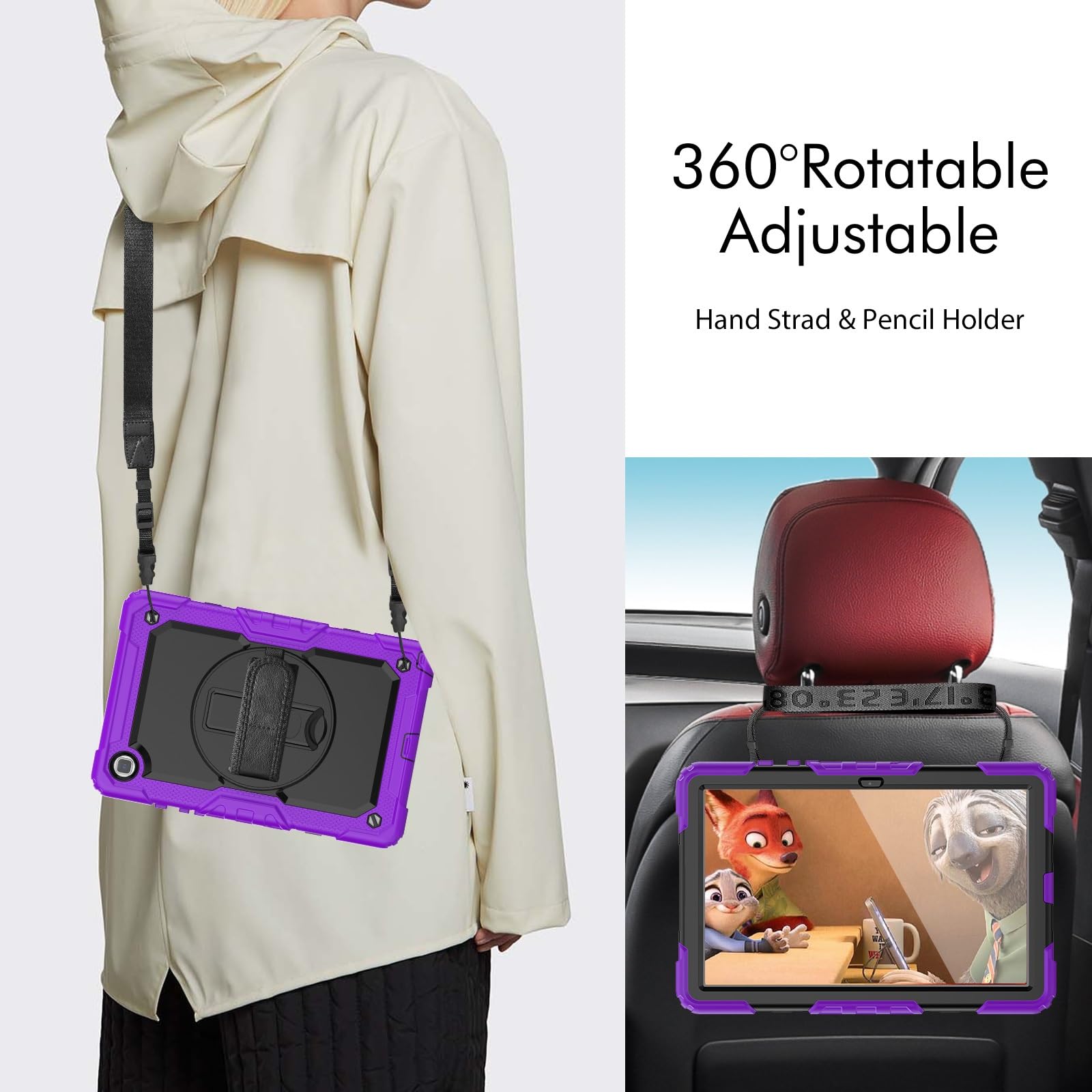 Kompatybilny z Samsung Galaxy Tab A7 10,4 cala SM-T500/T505 (2020) Etui folią ochronną ekranu, [podpórka] [pasek na ramię] Odporna wstrząsy wytrzymała obudowa 360° obrotowy pasek rękę i ramię(Mor)