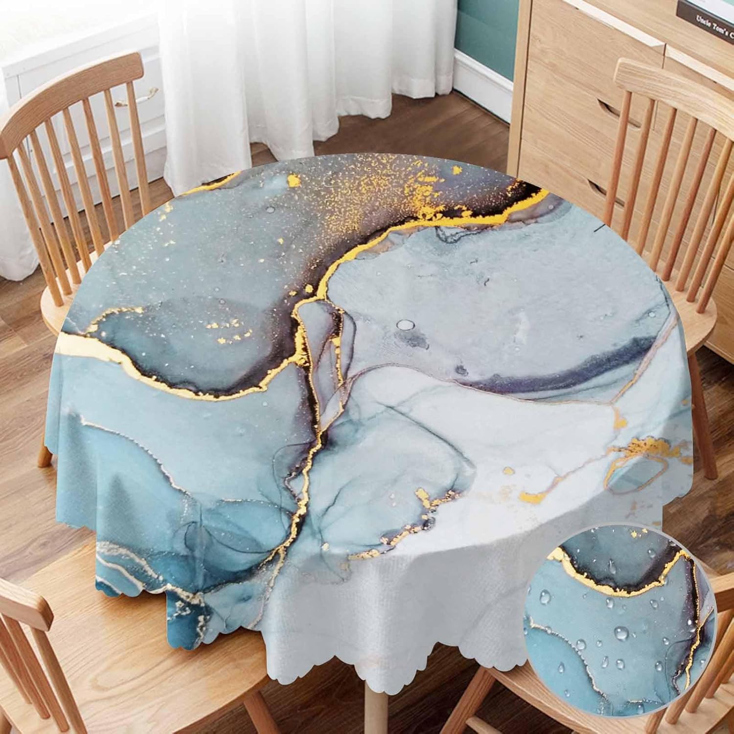 Yibeas Water Alcohol Ink Tablecloths 60" Diameter Round Sapphire and Navy Blue Tablecloth Spots Marbling Art Tablecloths for Dining Kitchen Wedding and Parties 60 inch Water Alcohol Ink