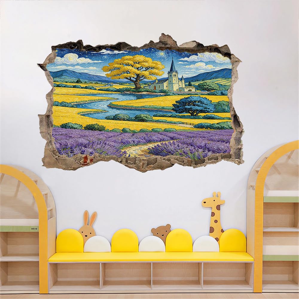 3D Wandtattoo Wanddurchbruch Wandaufkleber, Lavendelfelder Wandsticker Wanddeko Wandbilder, Baumburg-Landschaft Wandaufkleber Für Schlafzimmer Badezimmer Flur Küche Möbel Aufkleber