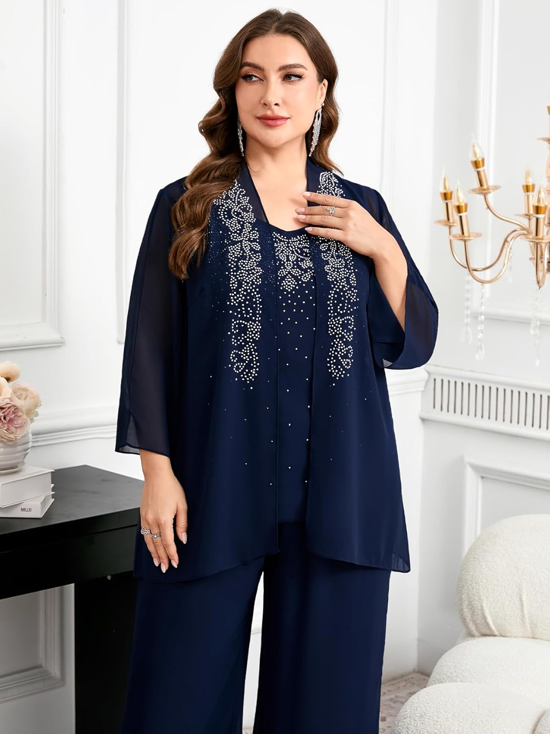 Plus Size Mother of The Bride 3 Piece Set Chiffon Pantsuit Rhinestone Embellished Formal Wedding Cocktail Outfit - Image 3