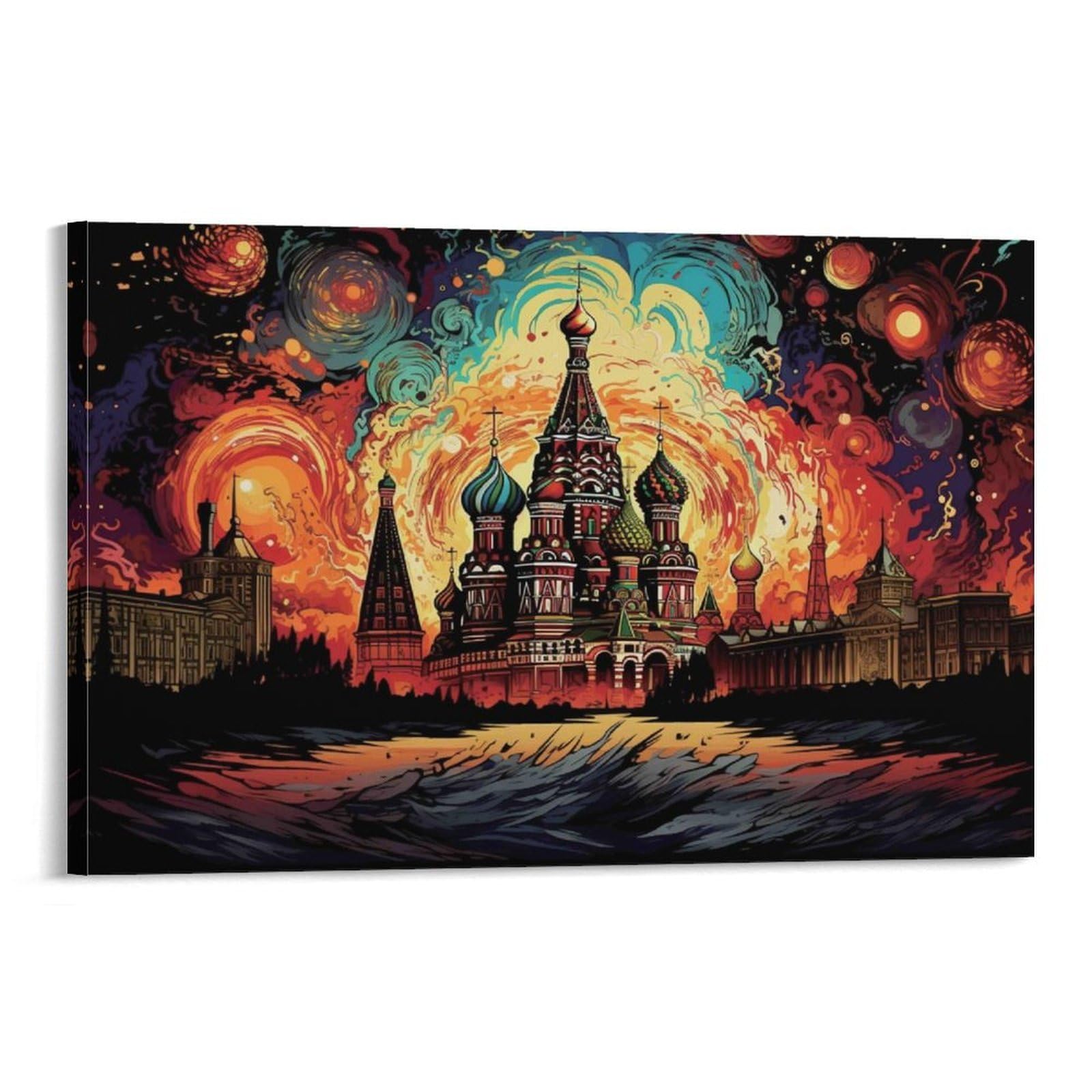 CPLVKWRQJ Starry Night Cathedral 1 Piece Saint Basils Cathedral Fiery Swirling Sky Art Canvas Art - Birthday Gift Bedroom Canvas Painting Easy to Clean Wall Decor 20x30inch(50x75cm)