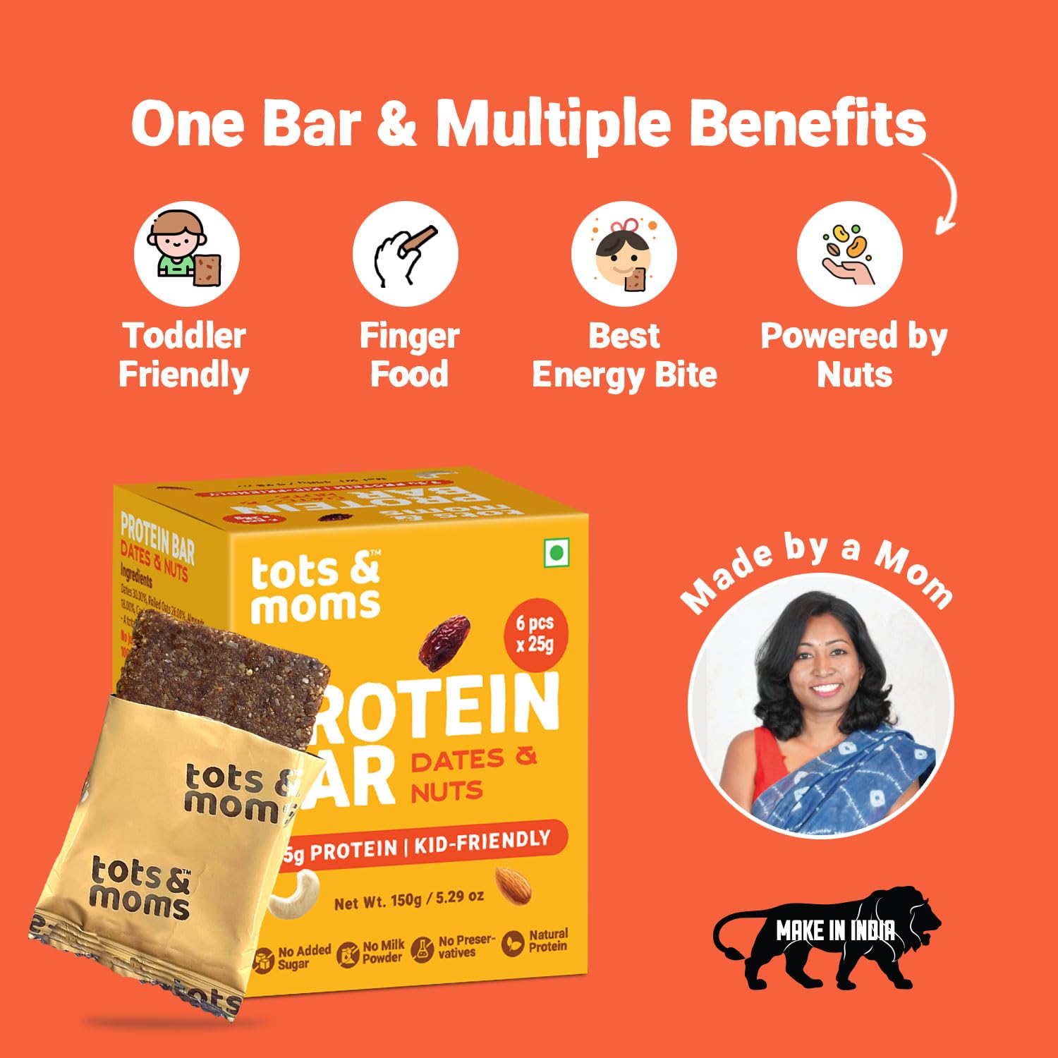 Tots & Moms Nutritious Protein Bars for Kids – Choco flavored Dates & Nuts, Pack of 2 | 3.5g Protein per Bar | Cocoa for Antioxidants & Oats for Fiber | No Refined Sugar or Additives | (25g X 6) 150g - Each — Amazon image 9