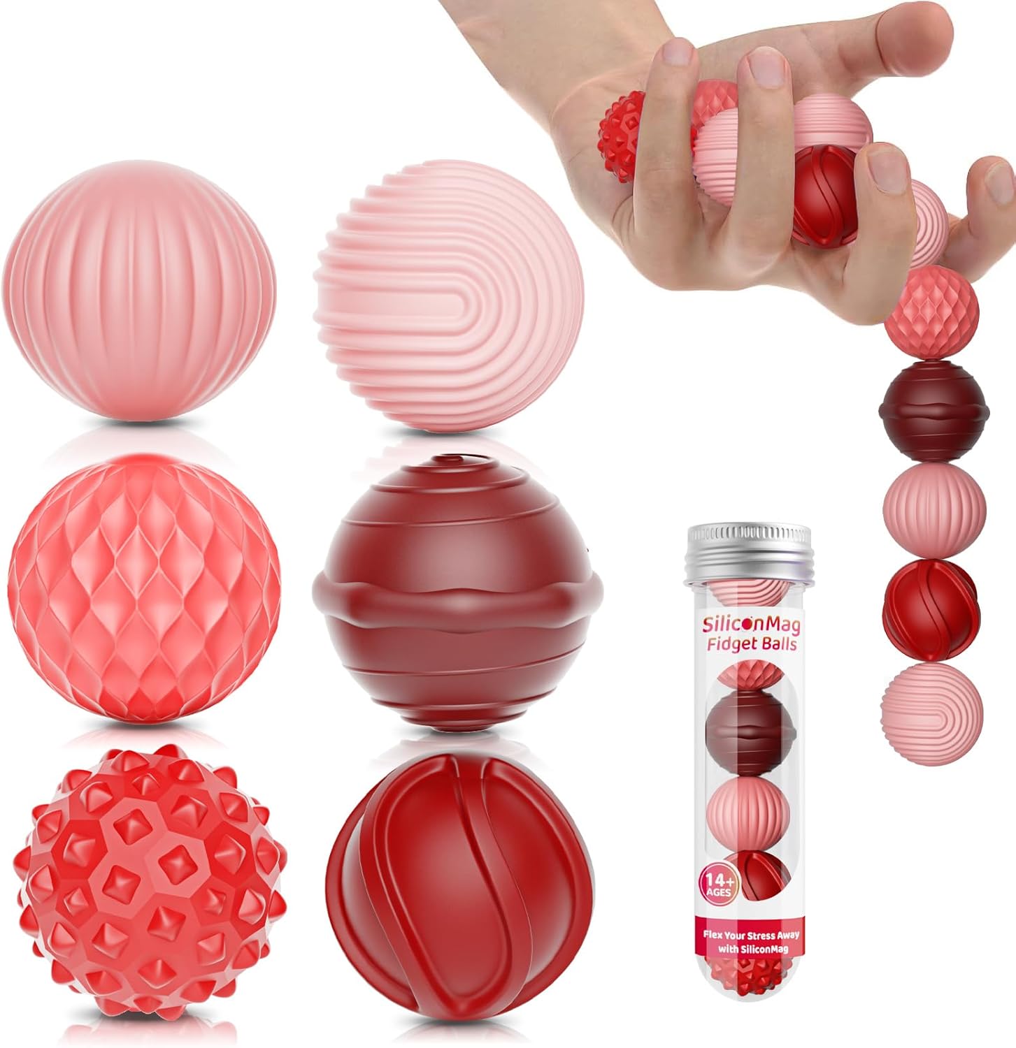 Silicone Magnetic Balls, Fidget Toys, 6-Pack Stress Relief Toys for Adults, Teens, Sensory Toy for Fingers Hands, Quiet Office Desk Toys with Textures, Magnet Fidget Fun Gift (Red)
