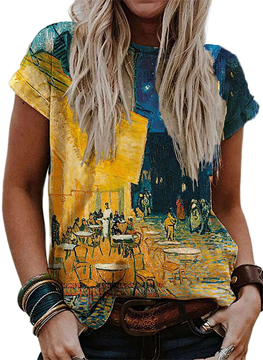 Bahia Women's Van Gogh 3D Floral Tee - Impressionist Oil Painting Printed T-Shirt