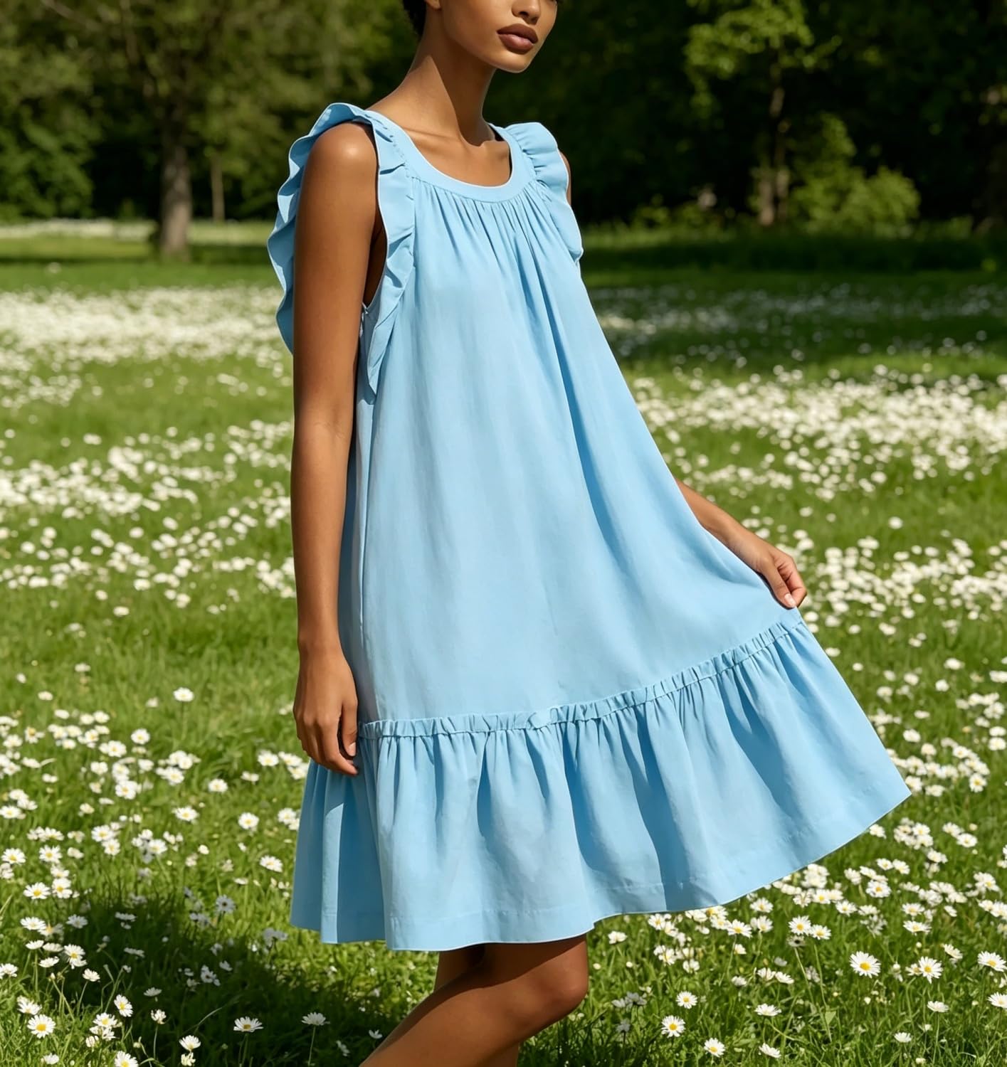 Minivestido Verde para Mujer, Estilo vacacional, sin Mangas, de Corte Holgado y con Volantes; Vestido de Verano Fluido con Dobladillo de Volantes, Ideal para la Playa y Vacaciones.
