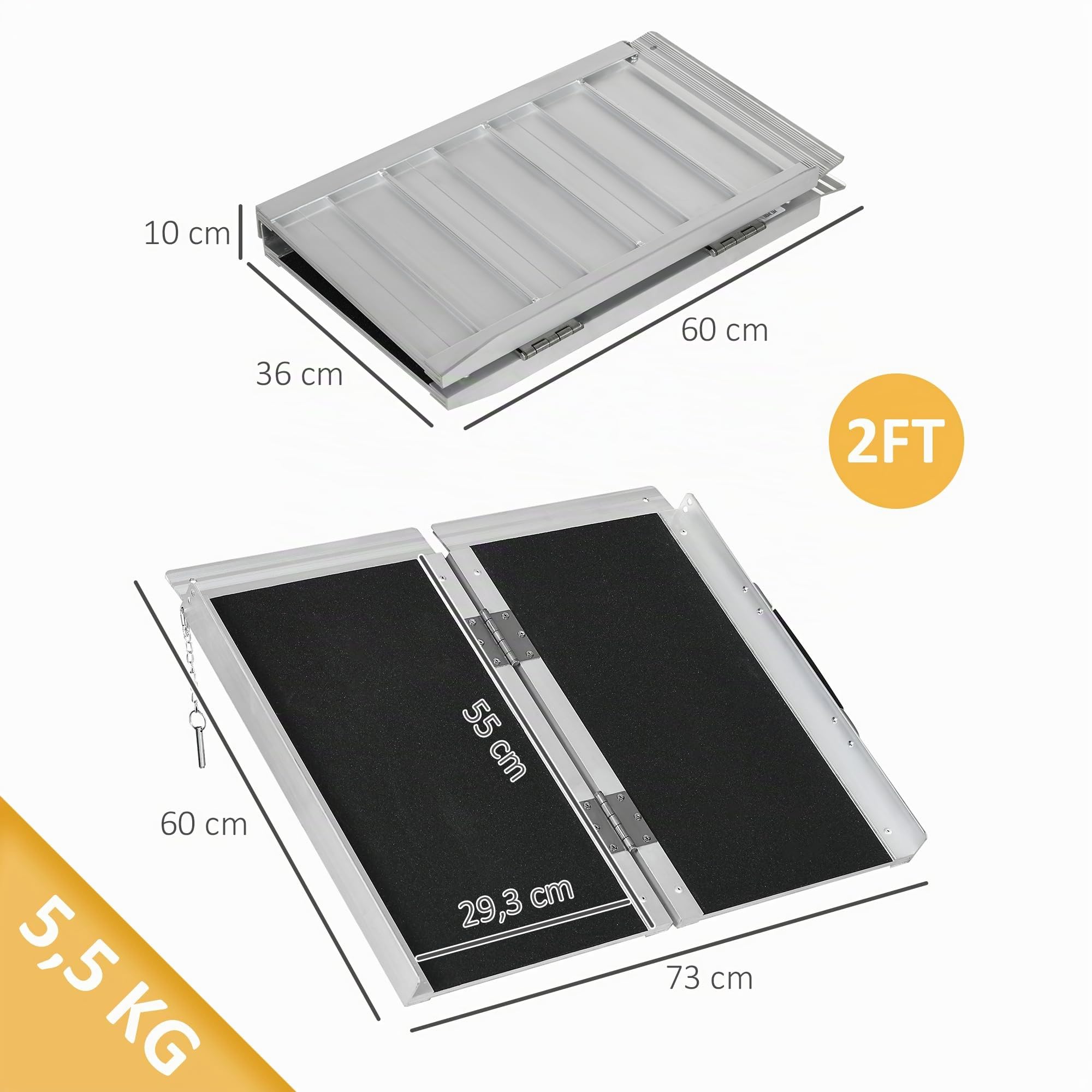 HOMCOM Rampa de Silla de Ruedas Rampa de Carga Rampa de Acceso Antideslizante Plegable con Bordes de Seguridad MAX. 270 kg. 60 x 73 x 5 cm. Negro