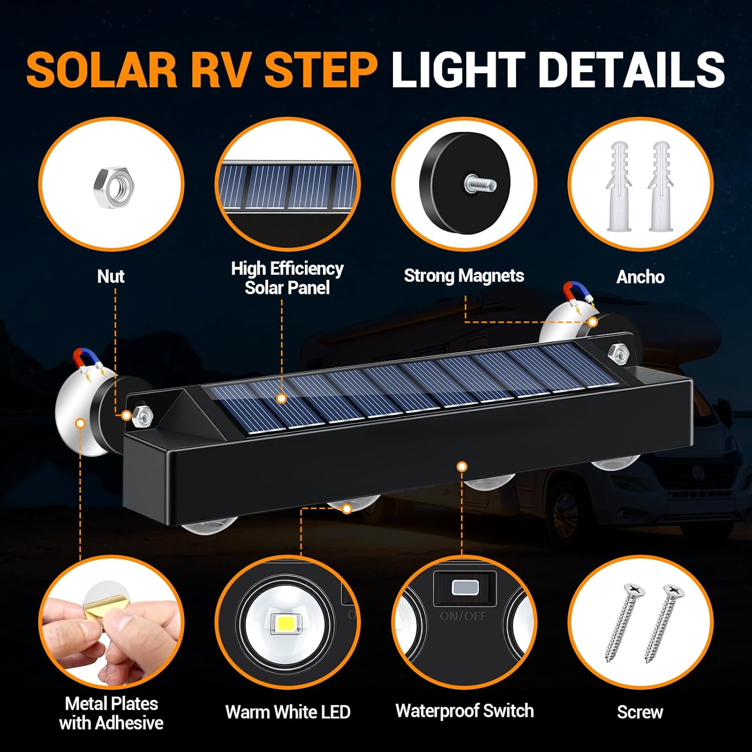 Magnetic Solar RV Step Lights Outdoor Waterproof IP65, 4 Pack 1200mAh Solar Lights for Camper Trailer Motorhome, Auto On/Off Warm LED Stair Lighting for Deck Dock, Anti-UV