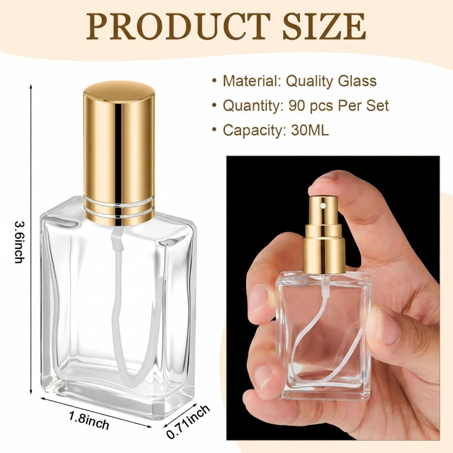 Domensi 30 Pcs 10/15/30/50 ml Glass Perfume Bottles Mini Glass Empty Spray Atomizer Bottles Bulk Refillable Perfume Dispenser Container with Pump Tool for Travel Skin Care (30 ml,Gold)