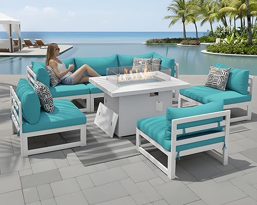 Miniatura 730 de NICESOUL 7 Piece White Powder-Coated Aluminum Patio Furniture with Fire Pit Table, 29 Inch Extra Wide Outdoor Sectional Sofa for 6, High-End Heavy