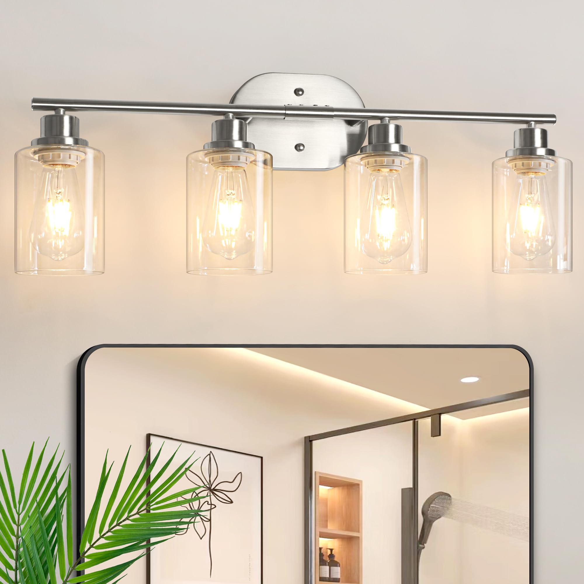 unicozin bathroom light fixtures, 4 light vanity lights for bathroom, brushed nickel wall lamp with clear glass for mirror, living room, hallway, cabinet, e26 base