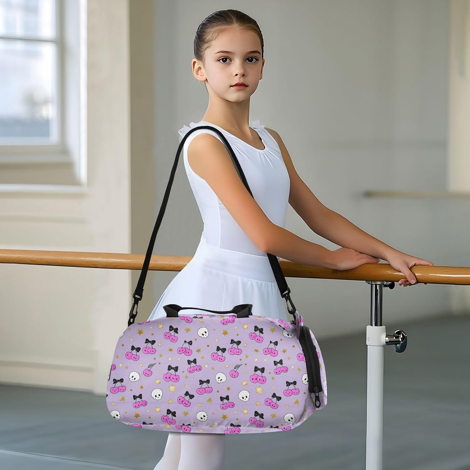 Kids Travel Duffel Bag Overnight Weekender Carry-On Tote Gym Bag with Shoes Compartment Sports School Cherry Skull Pattern