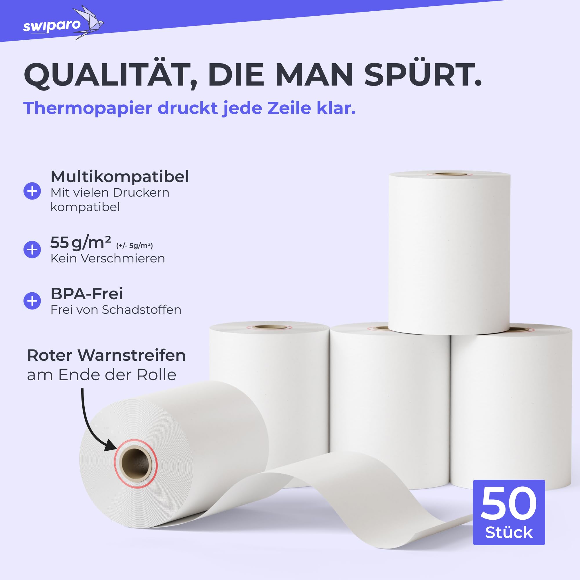 Thermorollen 80mm x 63mm x 12mm [Universell für gängige Kassensysteme] - Kassenrollen 80x63x12 Thermo - Bonrollen Thermopapier - Geeignet für Drucksysteme mit Papierbedarf bis 50m (50 Stk)