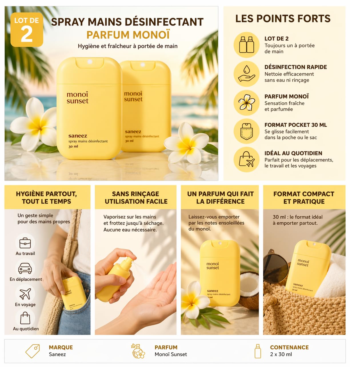Spray Mains Désinfectant Parfum Monoï – Lot de 2 x 30 ml – Format Poche – Nettoyage Sans Rinçage – Parfum Monoï Sunset