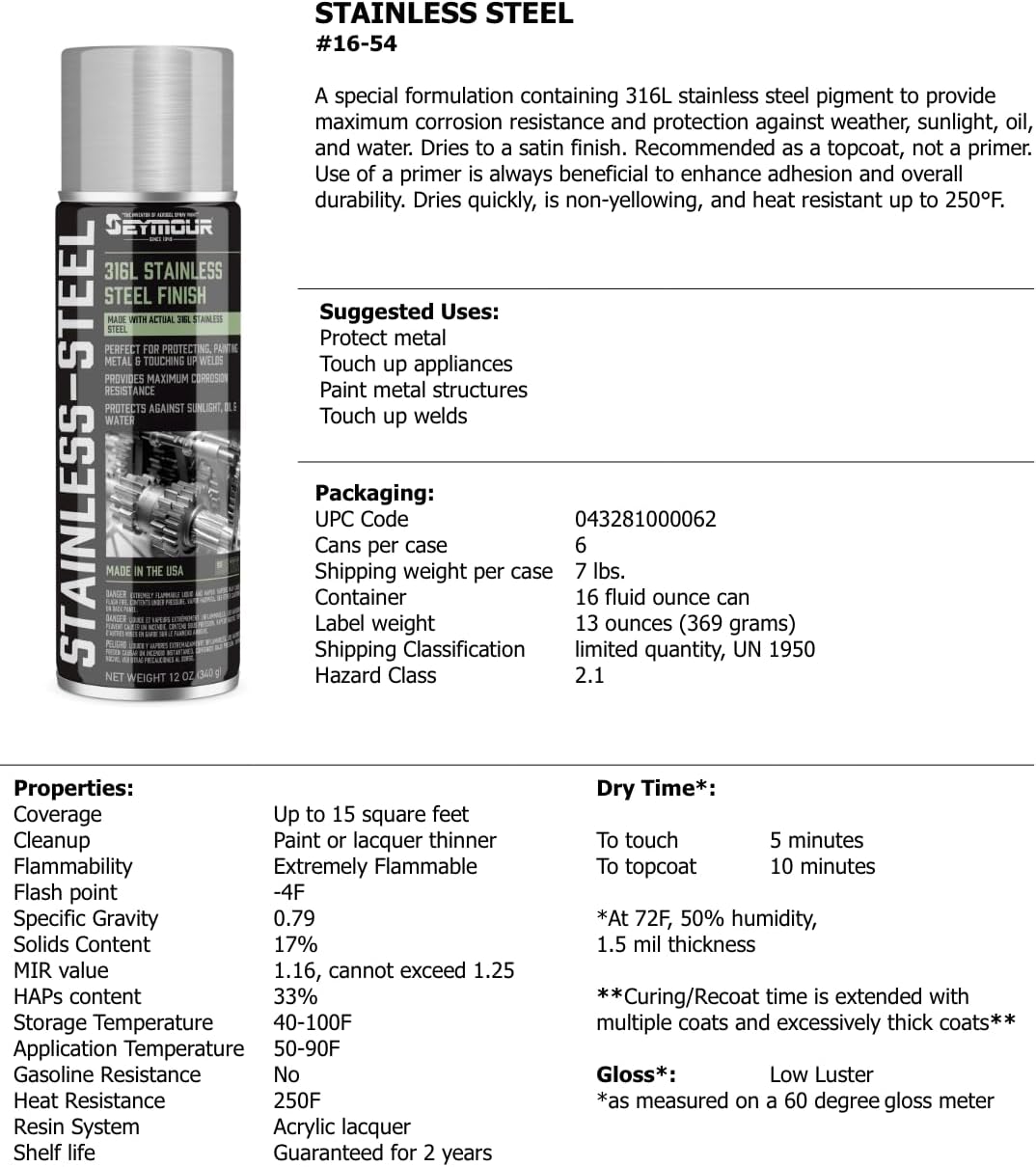 Seymour Stainless Steel Rust Protective, Gasoline and Oil Resistant, Spray Paint 16-54 - High Temp STAINLESS STEEL SPRAY Quick Dry 16 Oz. Can, 13 Oz. Net Wt - 6 Pack, 16-54-6PK