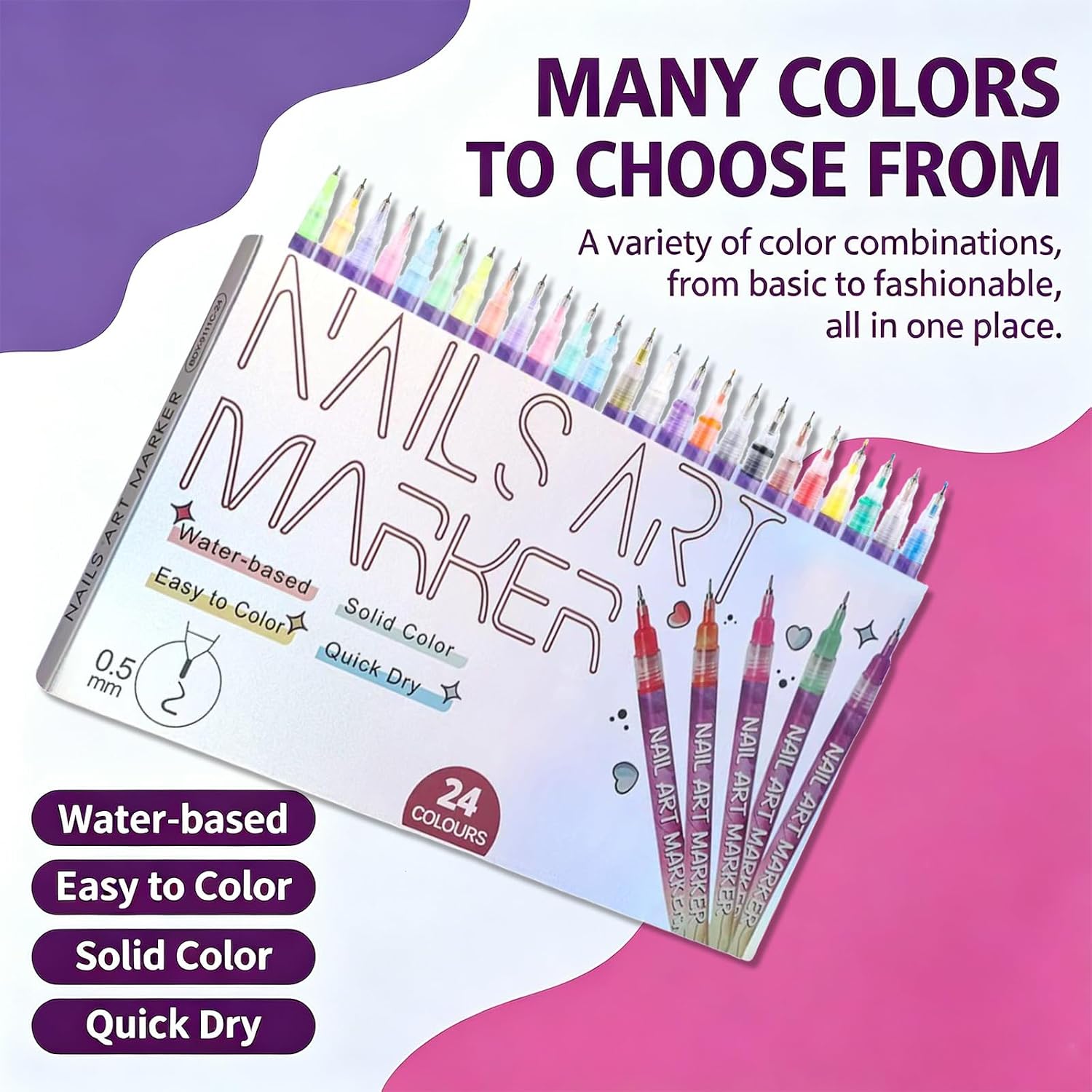 24 Color 0.5MM Nail Art Pens for Nail DIY, Beginners & Salon Use
