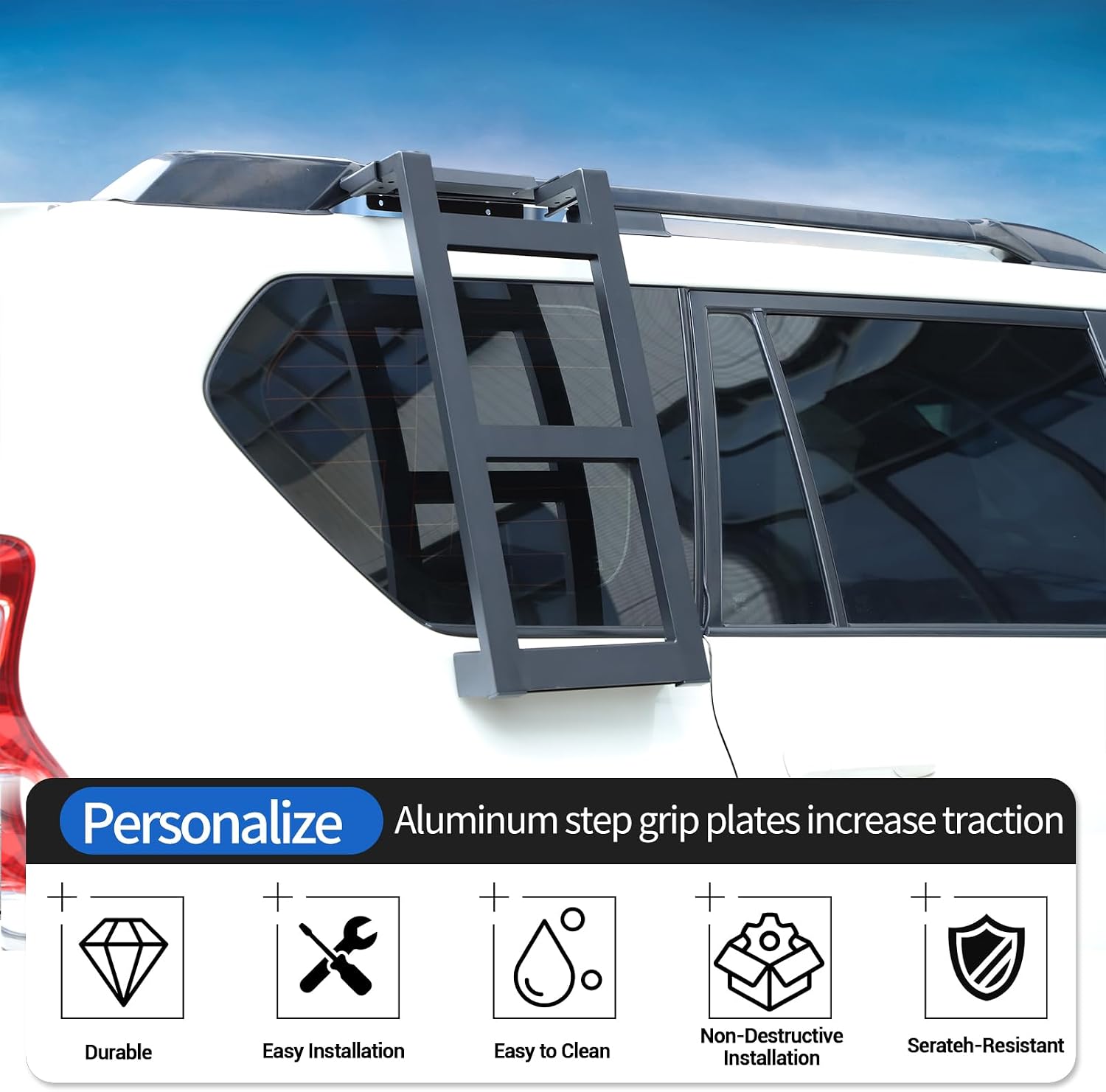 Rear Window Side Ladder Compatible with Toyota Land Cruiser Prado 150 2010-2023, Car Aluminum Roof Rack Ladder, Back Side Window Ladder Mount Bracket Accessories (Right Side)