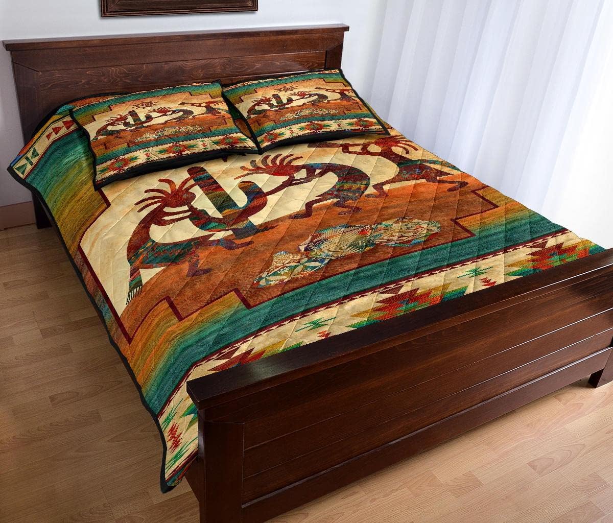 Western Southwestern Native American Tribal Navajo Quilt Bed Set with 2 Pillowcases in Green Orange Burgundy, Tribal Pattern Coverlet for All Season Quilted Bedspread (Sun Dancing, King)