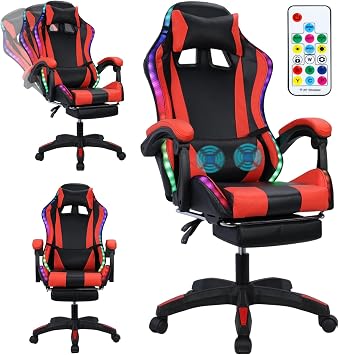 Gaming Chair with Bluetooth Speakers & LED Lights, Ergonomic Massage Computer Chair Height Adjustable, Video Game Chair with 360 Swivel Seat and Headrest, High Back Lumbar Support Design