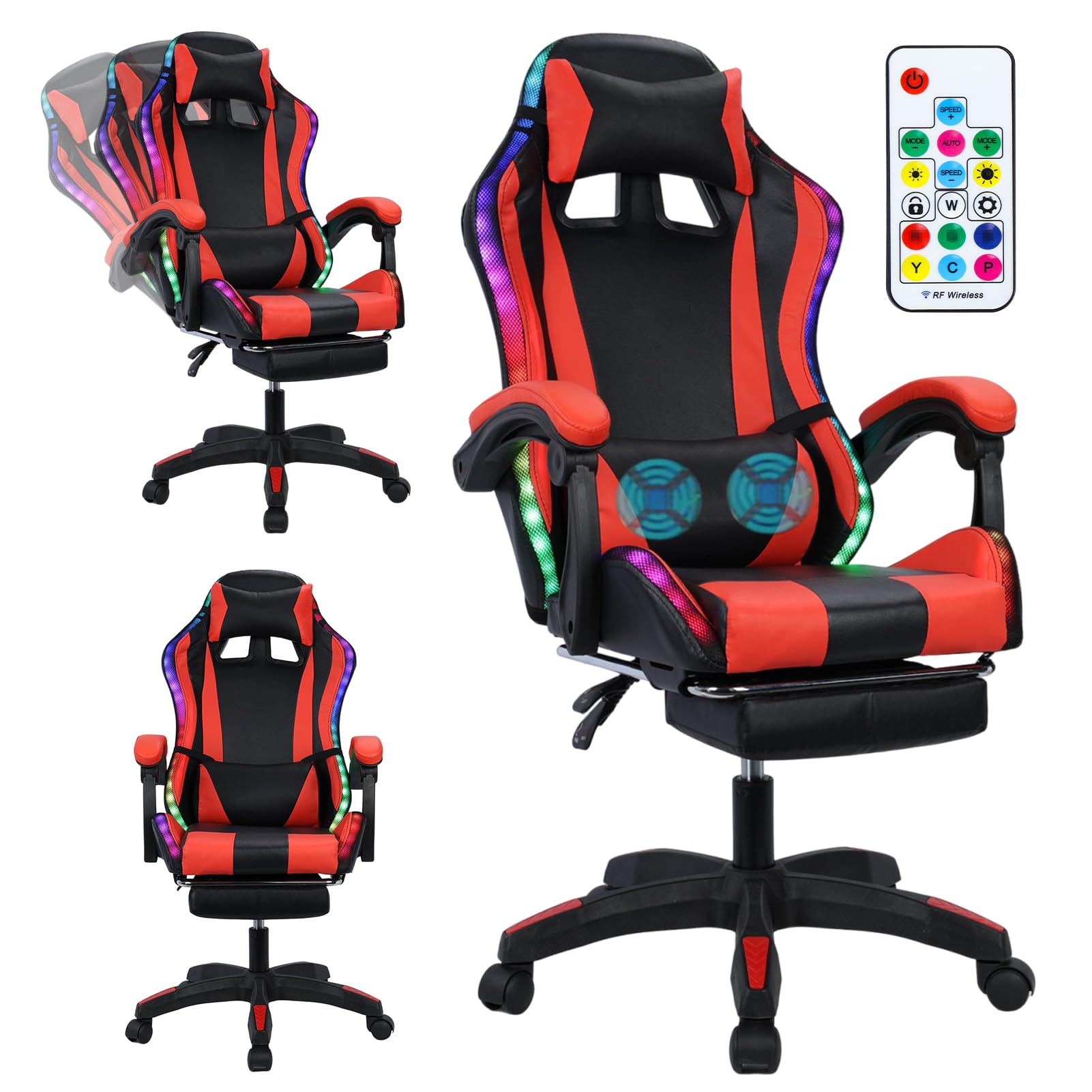 Gaming Chair with Bluetooth Speakers ＆ LED Lights, Ergonomic Massage Computer Chair Height Adjustable, Video Game Chair with 360° Swivel Seat and