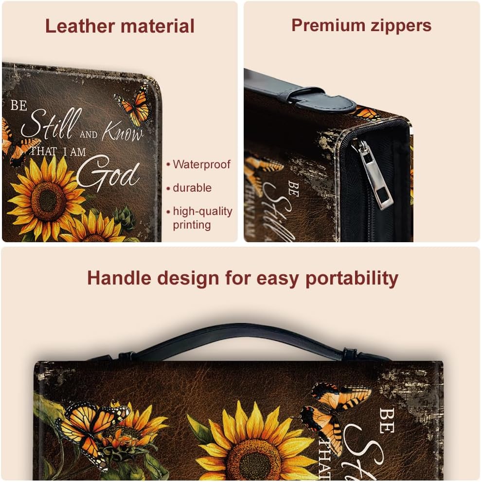 Bible Cover PU Leather Bible Case with Bookmark Sunflower Butterfly Bible Carrying Case for Women Men Christian Bible Note Books Carrying Accessories 20.5x28x5.5cm